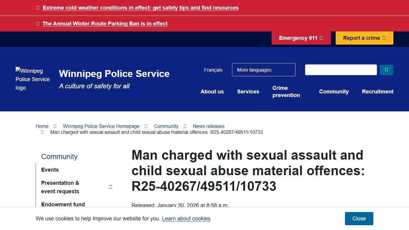 Man charged with sexual assault and child sexual abuse material offences: R25-40267/49511/10733 City of Winnipeg